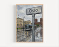 Oslo Oil Painting Art Print: Norway City Street Sign Travel Poster