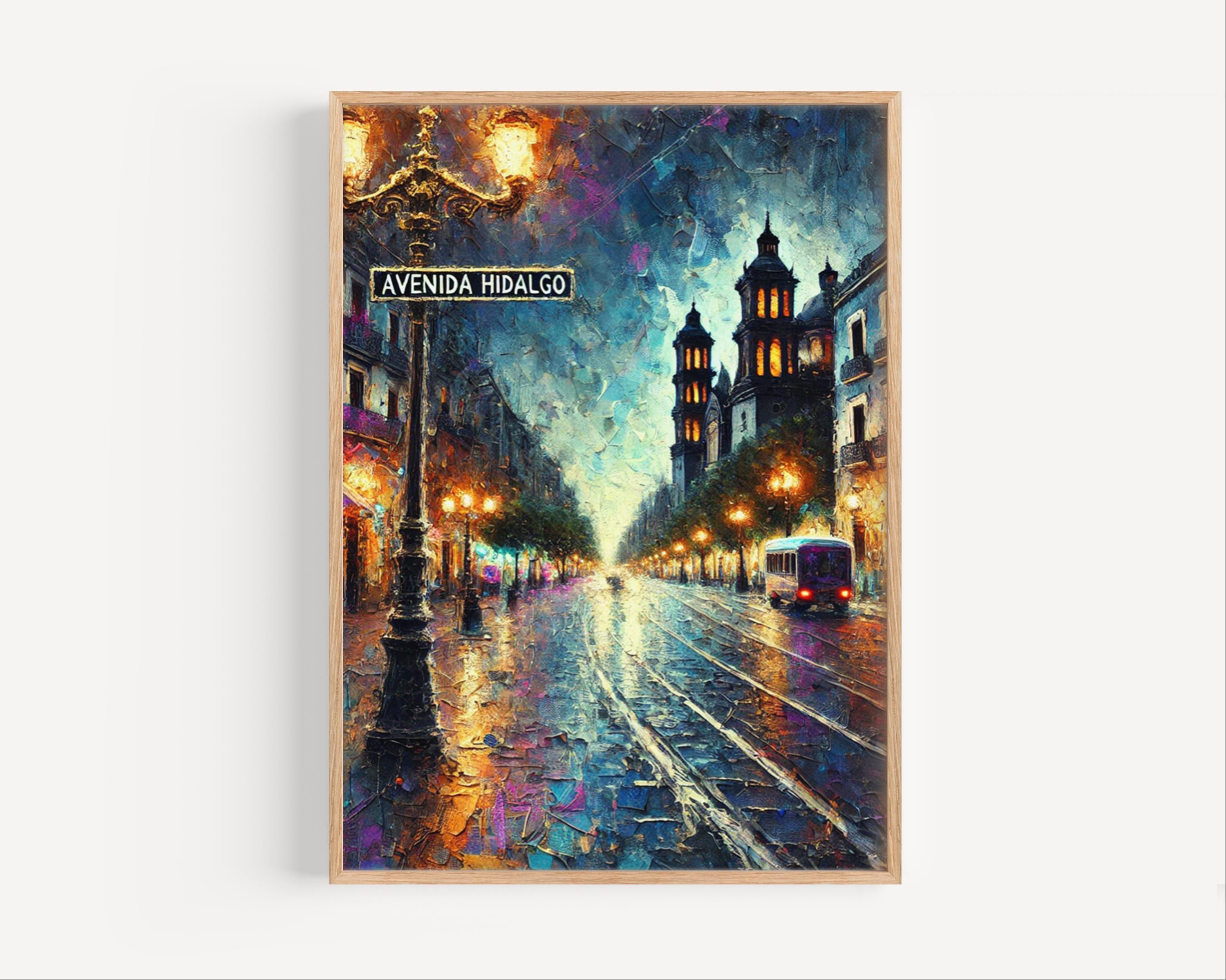 Avenida Hidalgo Oil Painting Art Print: Mexico Street Sign Travel Poster