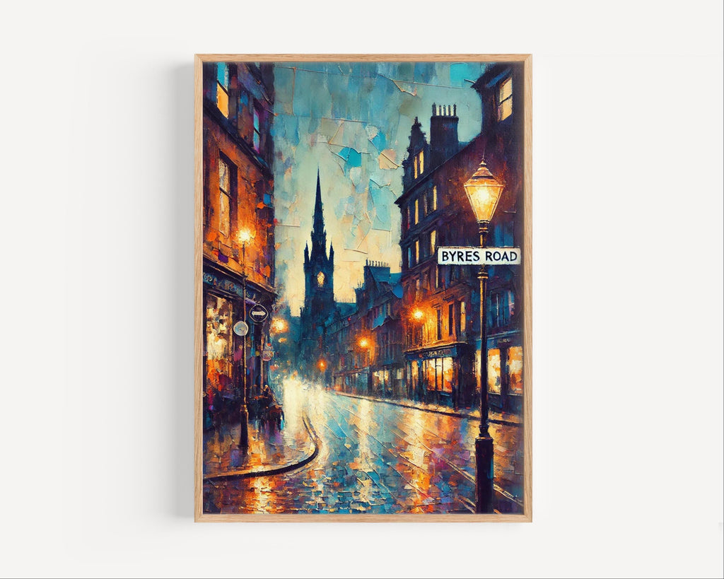Byres Road Oil Painting Art Print: Glasgow Scotland Street Sign Travel Poster