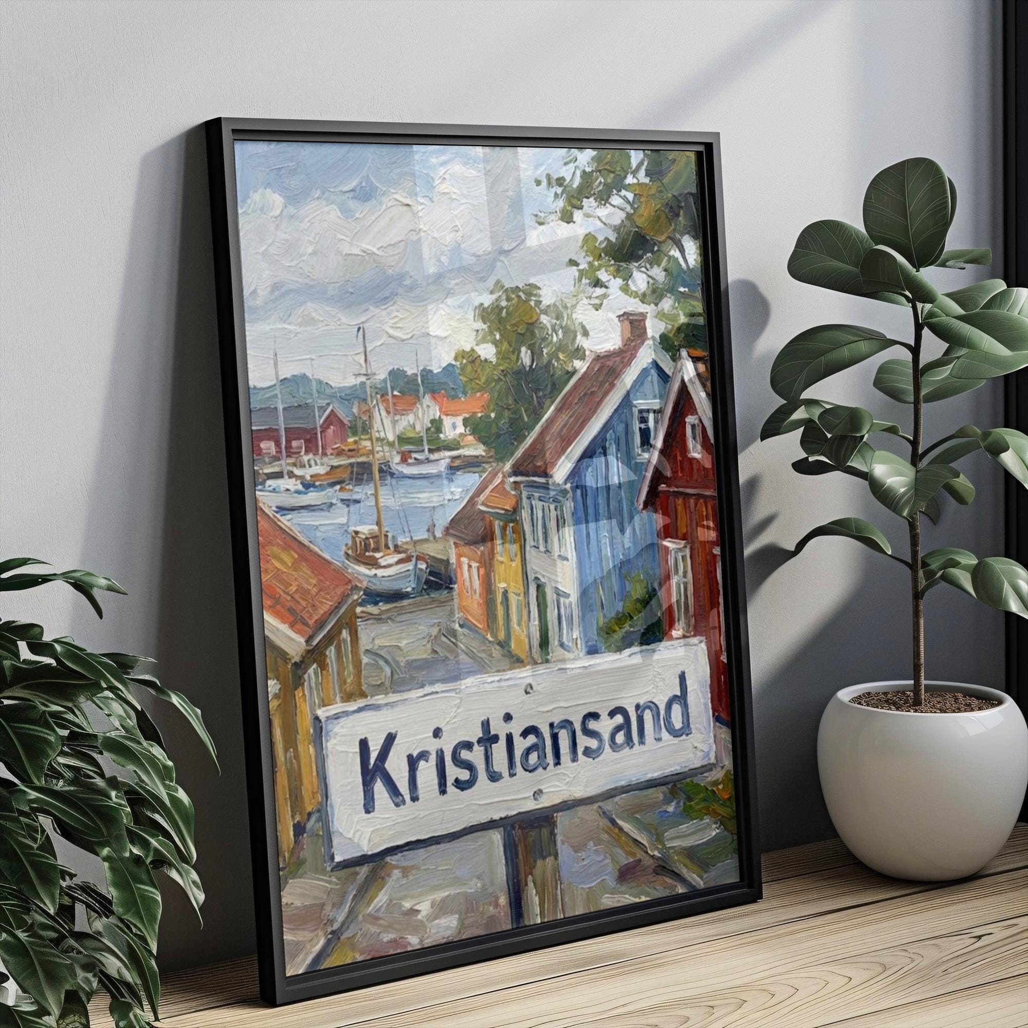 Kristiansand Oil Painting Art Print: Norway Coastal Street Sign Travel Poster