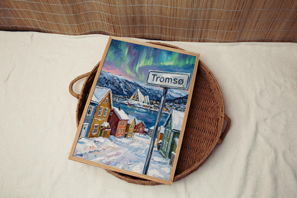 Tromsø Oil Painting Art Print: Norway Arctic Street Sign Travel Poster