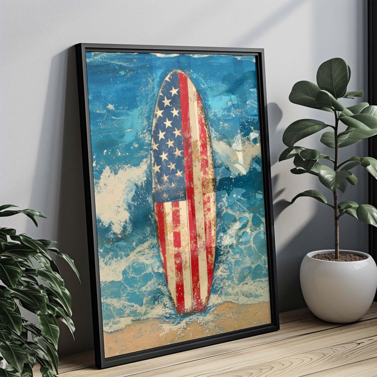 Surfing Artwork USA Wall Art Patriotic Beach House Decor Summer Poster United States Coastal Home Decoration