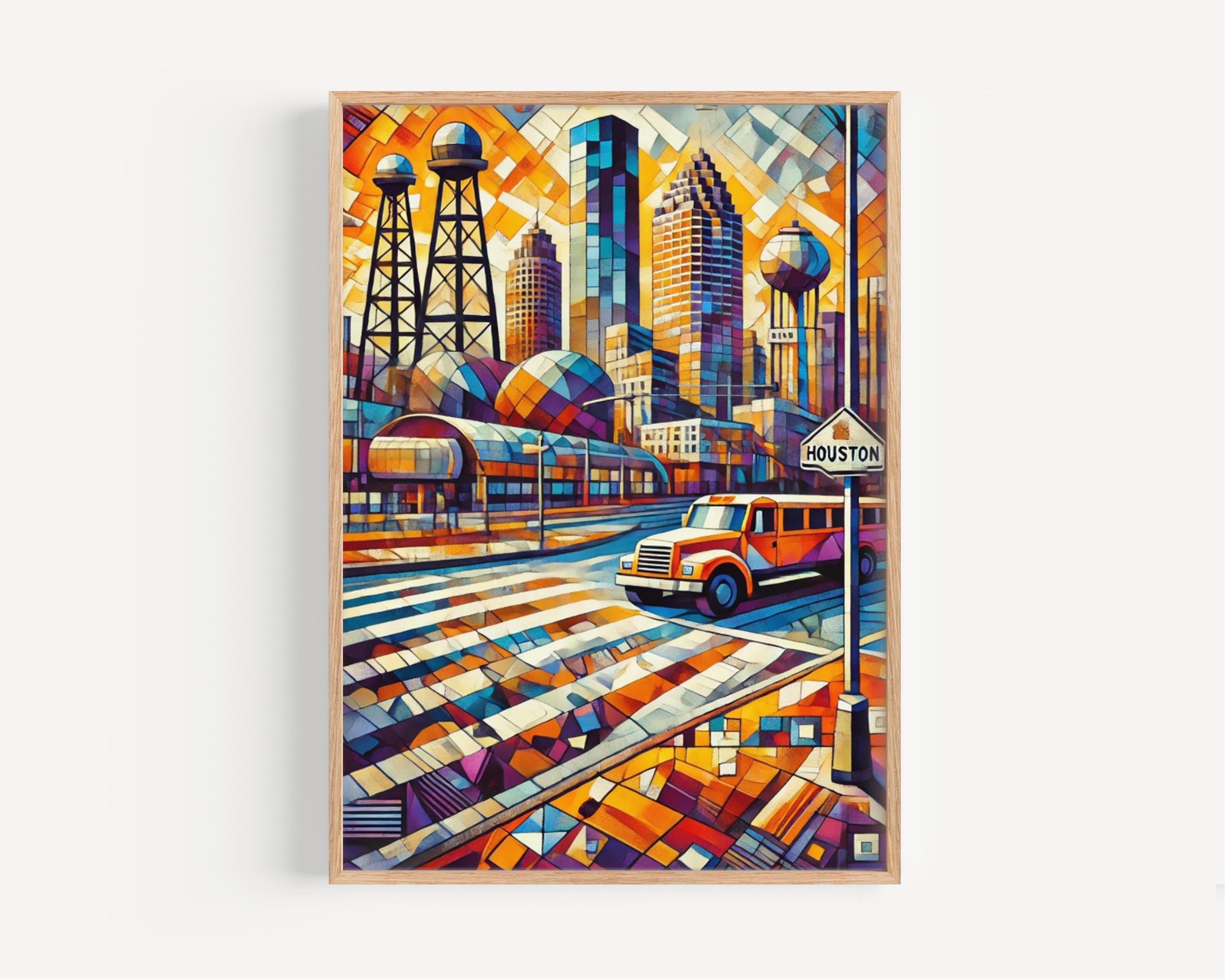 Houston Wall Art Print - Texas Travel Poster, USA Souvenir, Housewarming Gift, Houston Decor, Texas Map Art, City Skyline Illustration