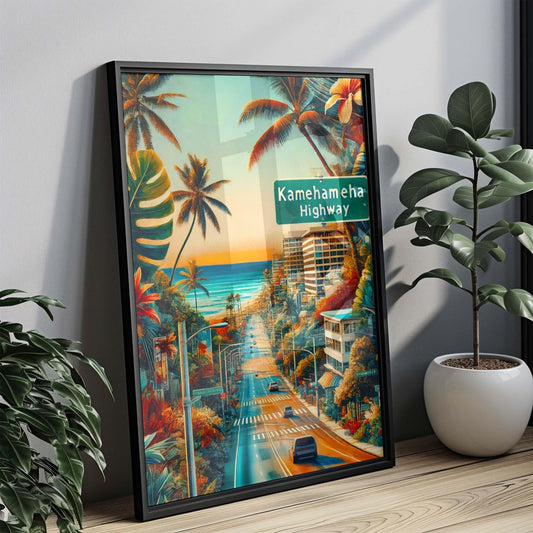 Kamehameha Highway Wall Art - Oahu Travel Print, Hawaii Poster, Honolulu Gift, Coastal Home Decor, Housewarming & Vacation Memory Gift