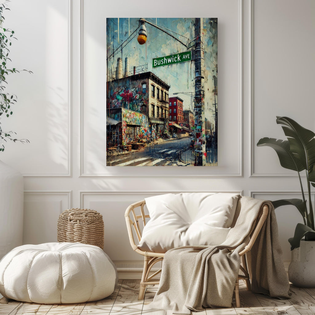 Bushwick Avenue Oil Painting Art Print: Brooklyn NYC Street Sign Travel Poster