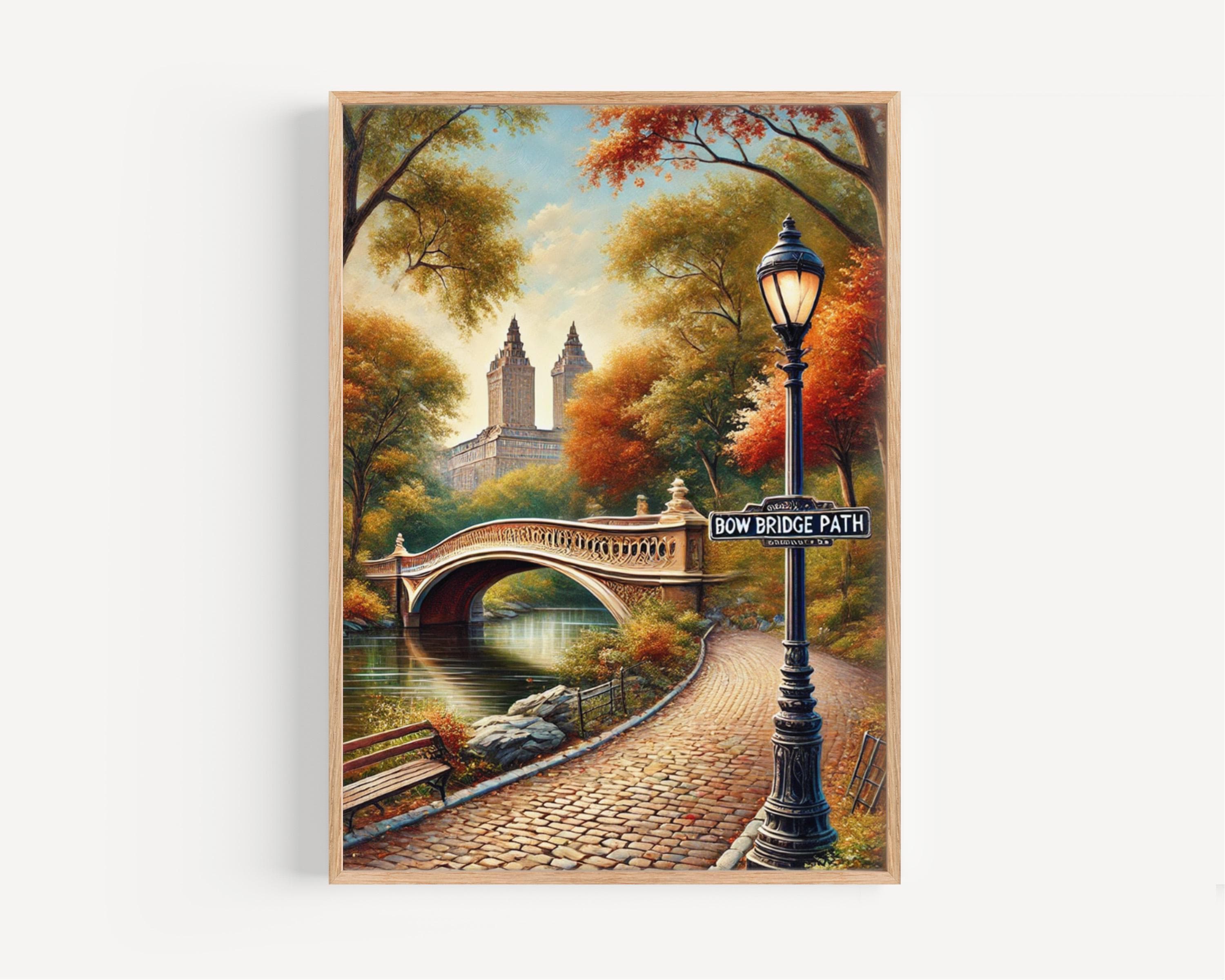 Bow Bridge Path Oil Painting Art Print: Central Park NYC Travel Poster