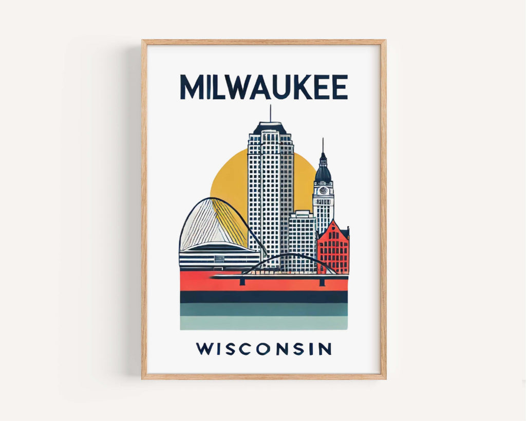 Milwaukee Print Wall Art - Wisconsin Travel Map, Home Decor, Housewarming & College Gift, WI City Skyline Poster