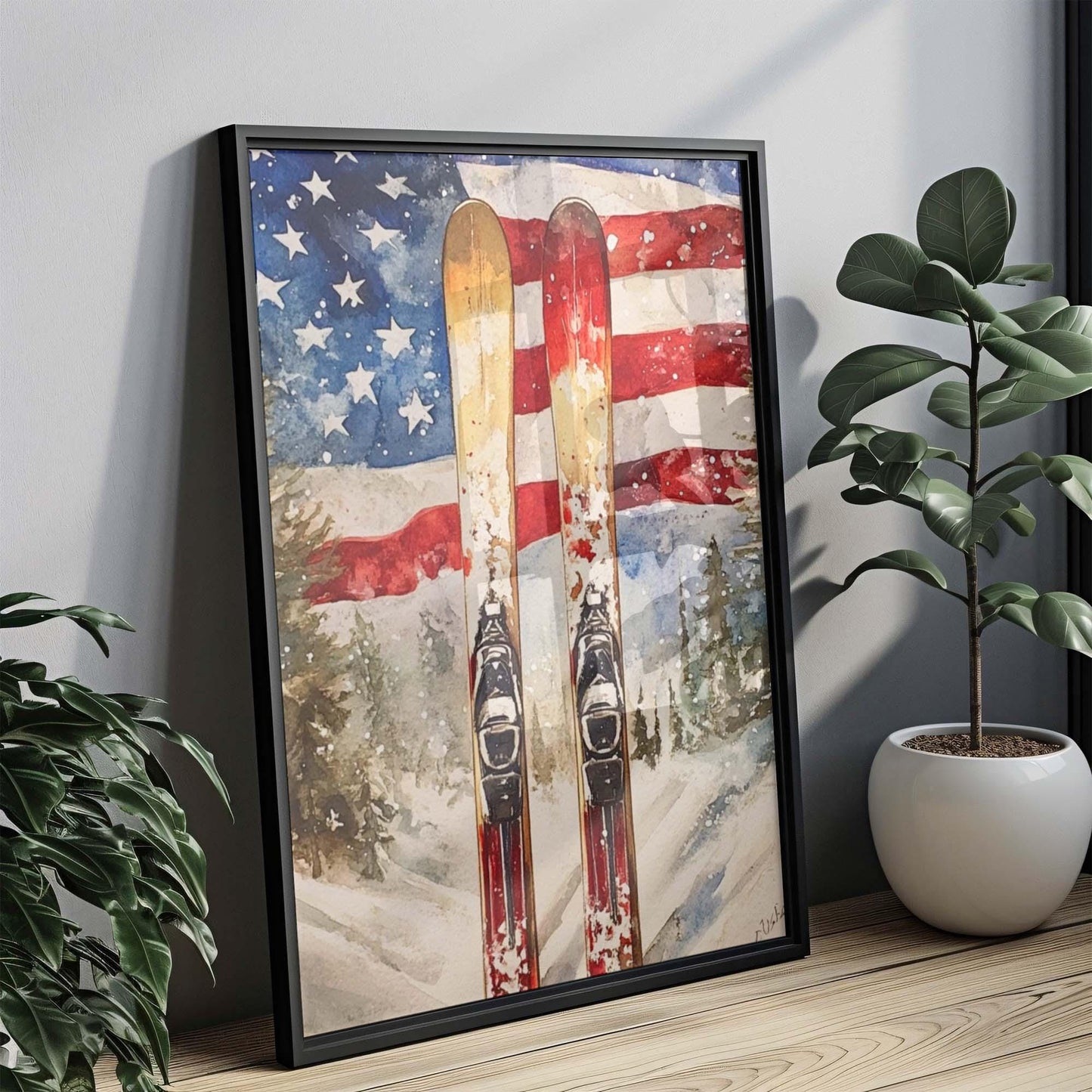 USA Skiing Wall Art Patriotic Winter Decor | American Independence Poster | United States Home Decoration | Ski Sports Artwork USA Flag