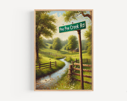 Pee Pee Creek Rd Wall Art Print, Ohio Travel Poster, USA Road Sign Gift, Housewarming Decor, Ohio Souvenir, Unique Travel Print Artwork