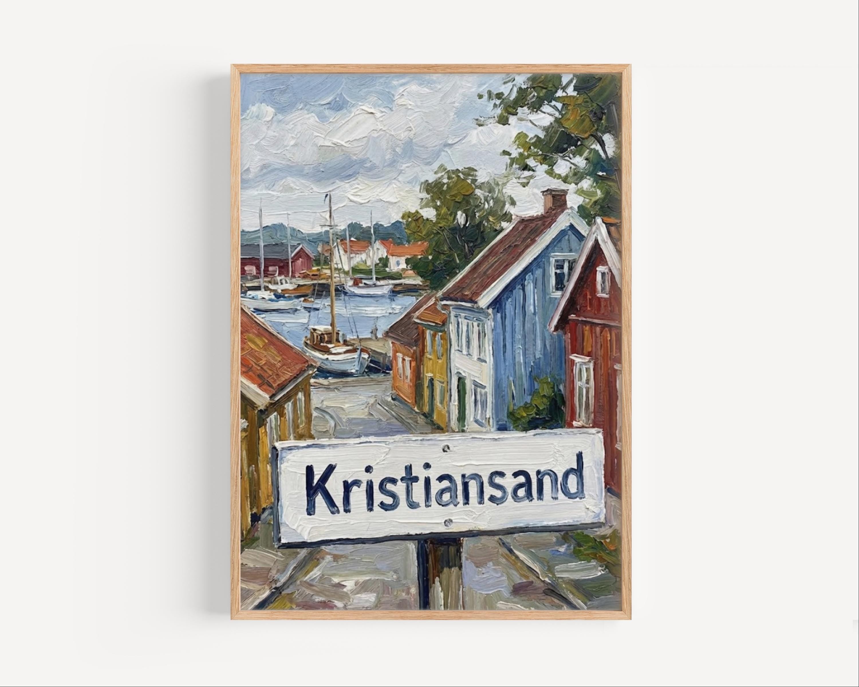 Kristiansand Oil Painting Art Print: Norway Coastal Street Sign Travel Poster