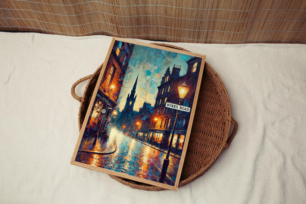 Byres Road Oil Painting Art Print: Glasgow Scotland Street Sign Travel Poster