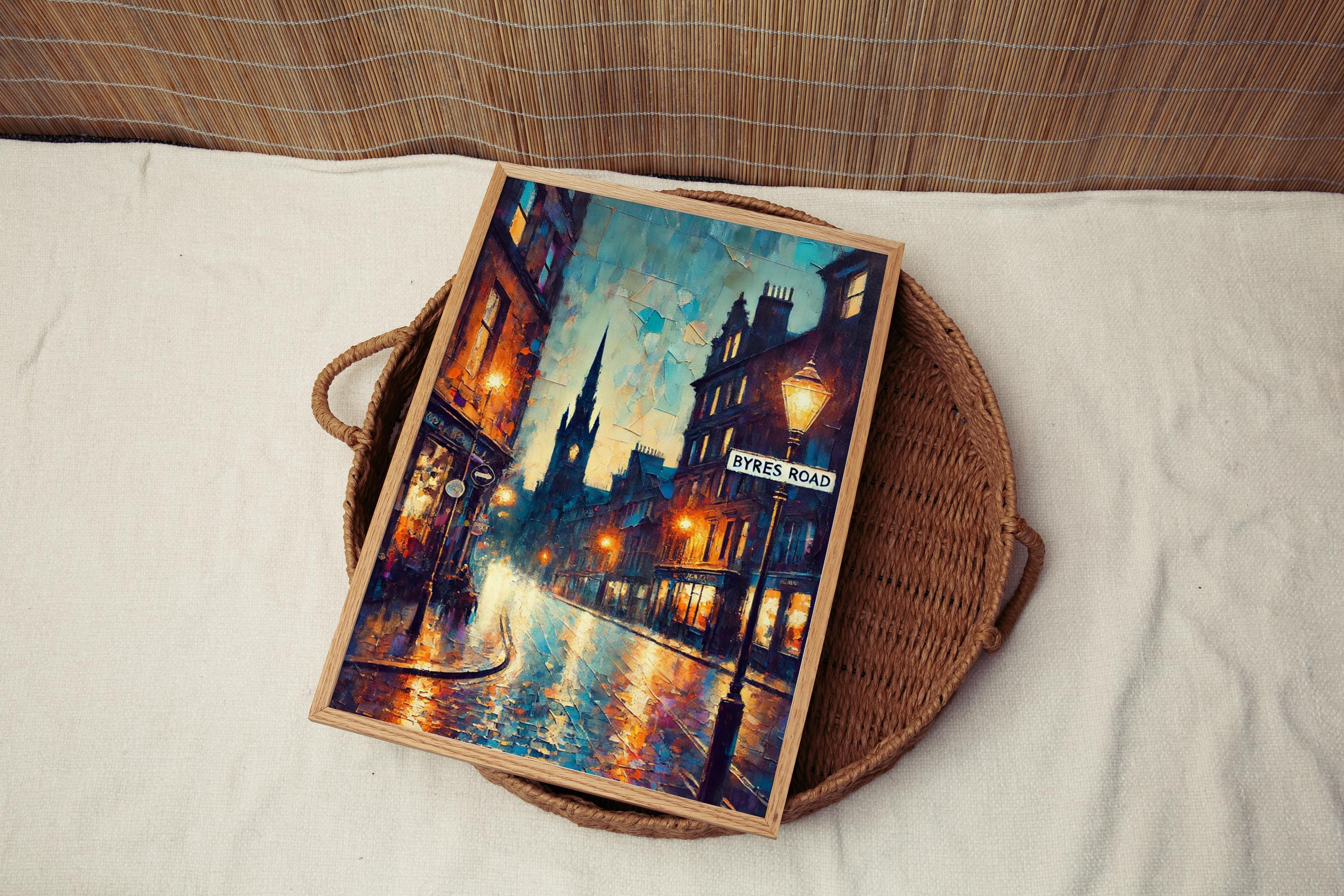 Byres Road Oil Painting Art Print: Glasgow Scotland Street Sign Travel Poster