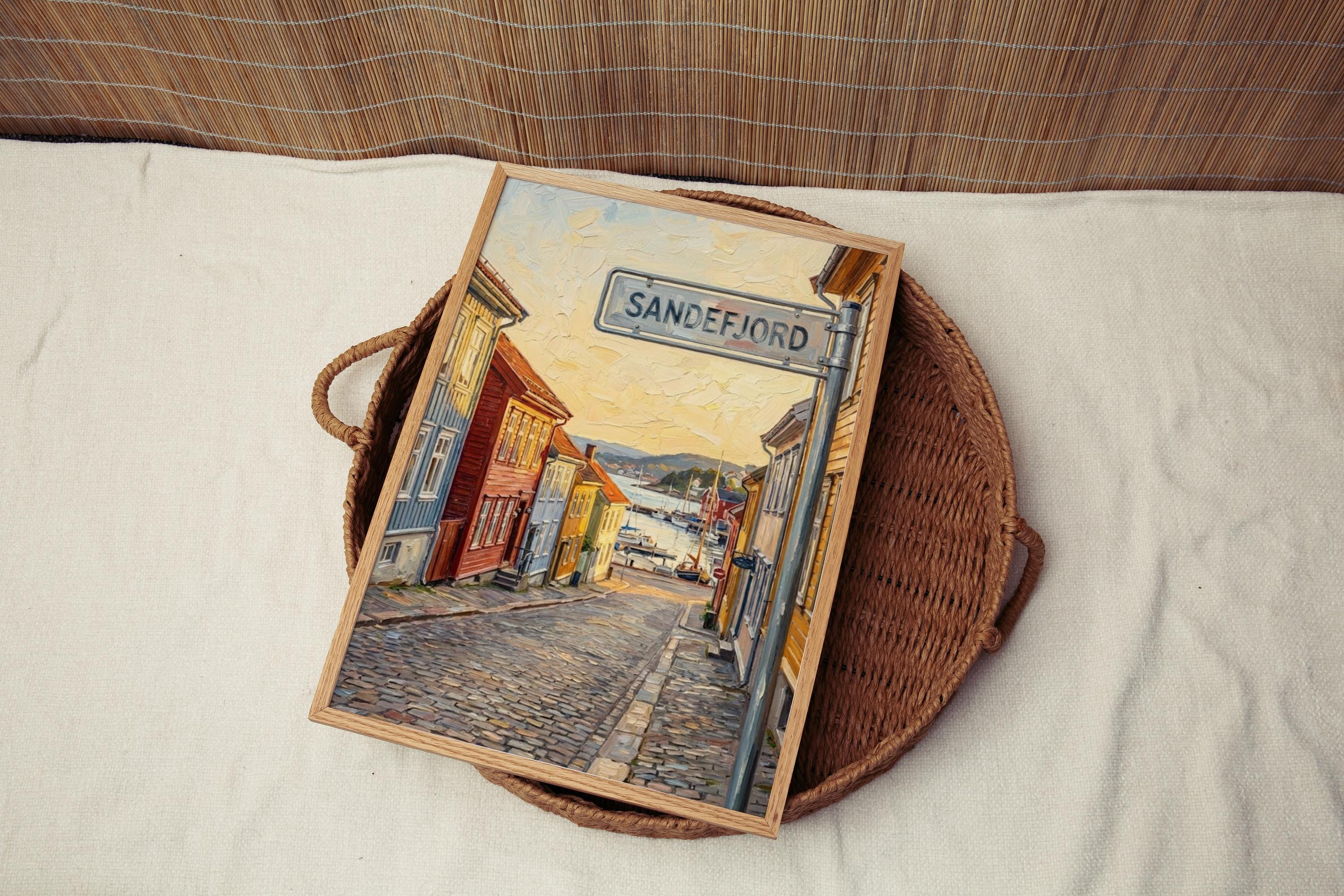 Sandefjord Oil Painting Art Print: Norway Coastal Street Sign Travel Poster