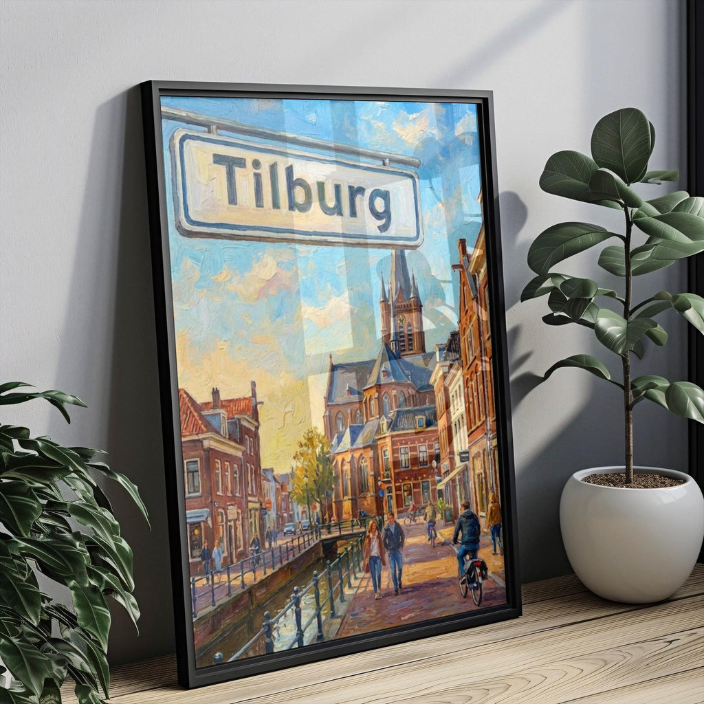Tilburg Oil Painting Art Print: Netherlands Canal Street Sign Travel Poster
