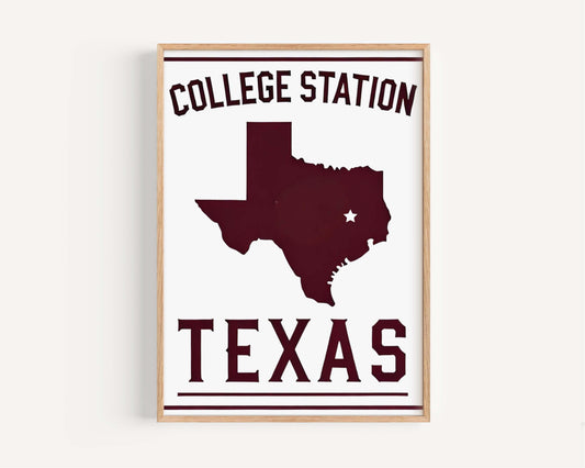 College Station Wall Art Texas Print Travel Home Decor Texas Gift Housewarming College Wall Decor TX Map