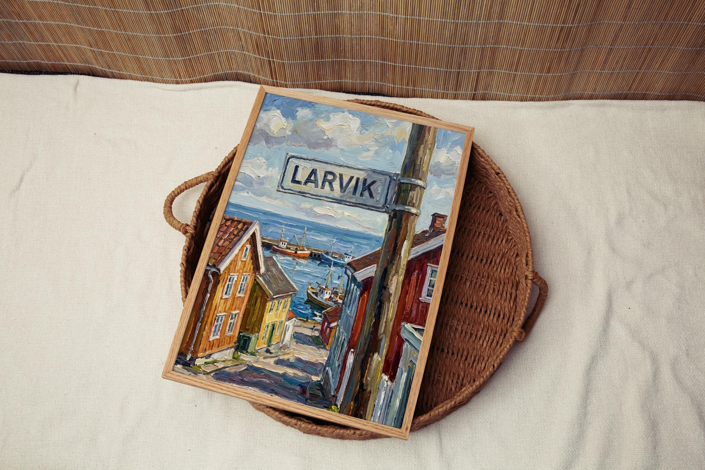 Larvik Oil Painting Art Print: Norway Coastal Street Sign Travel Poster