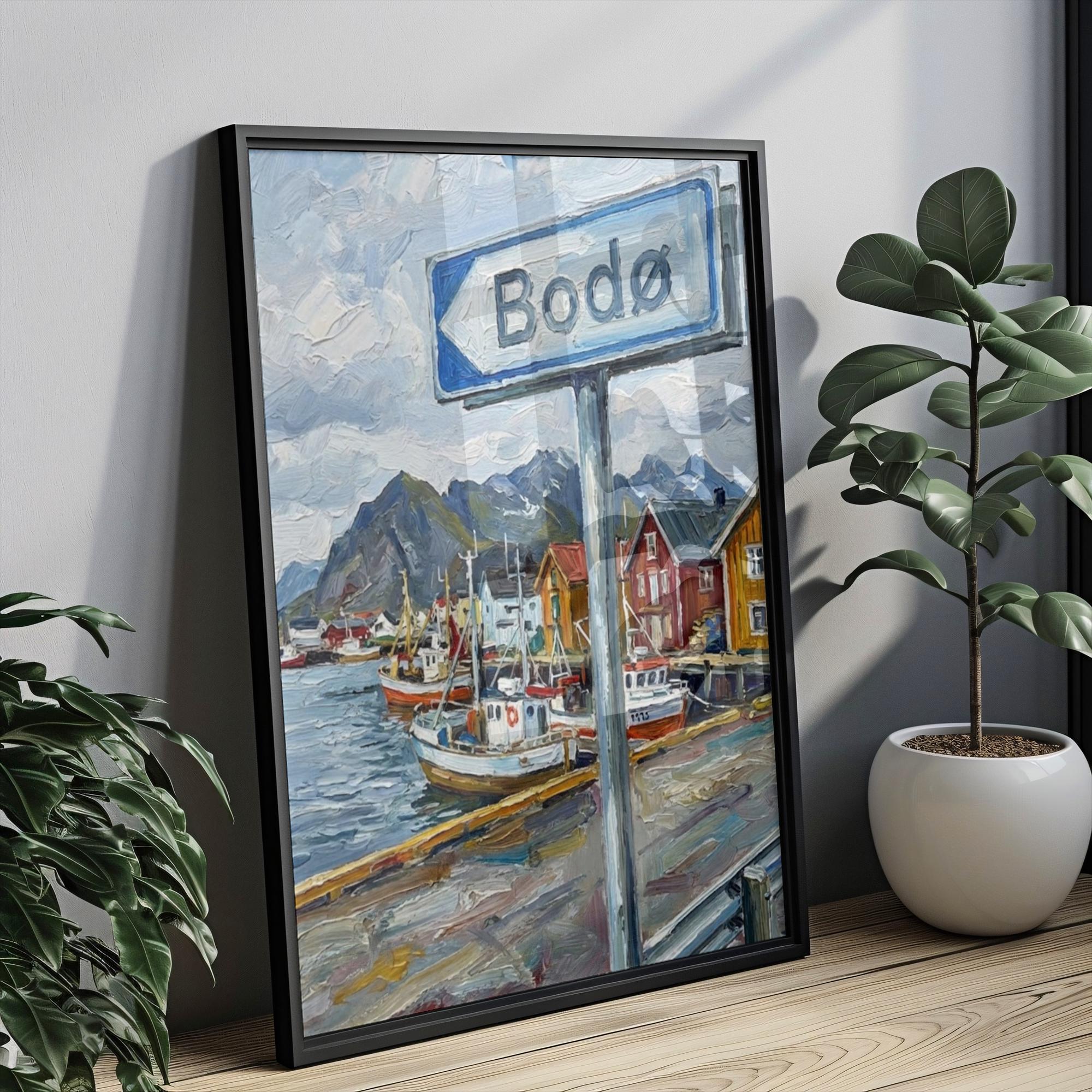 Bodø Oil Painting Art Print: Norway Arctic Street Sign Travel Poster