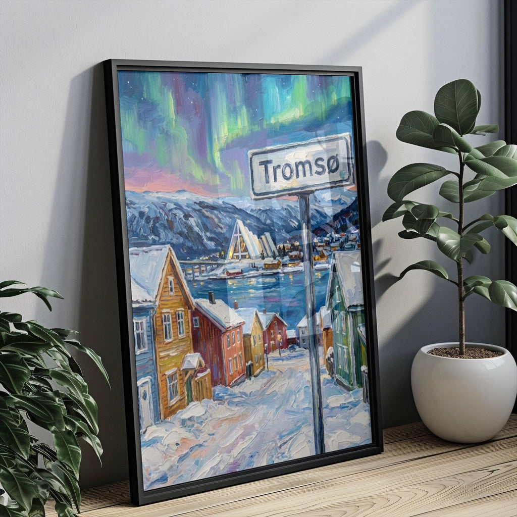 Tromsø Oil Painting Art Print: Norway Arctic Street Sign Travel Poster