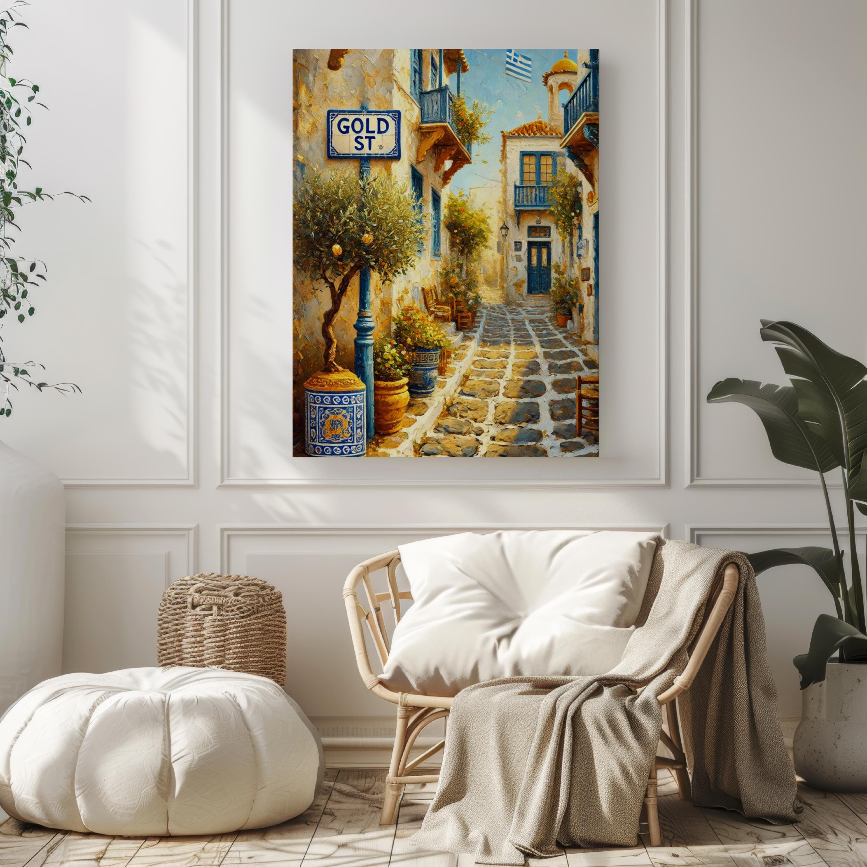 Gold Street Oil Painting Art Print: Athens Greece Street Sign Travel Poster