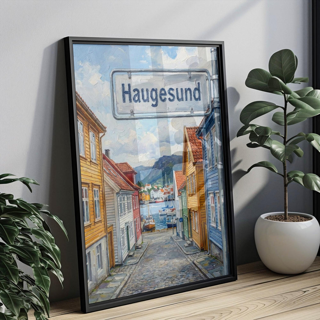 Haugesund Oil Painting Art Print: Norway Coastal Street Sign Travel Poster