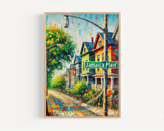Boston Jamaica Plain Wall Art Print - Travel Poster, Boston Gift, USA American Art, Housewarming Decor, Unique Cityscape Illustration