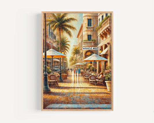 Miracle Mile Wall Art, Coral Gables Florida Print, Mediterranean Street Scene, Travel Poster, Housewarming Gift, Florida Art, Personalized