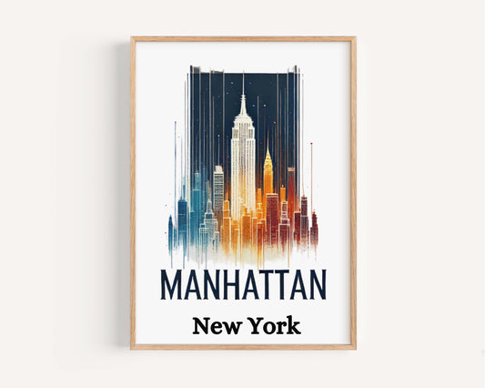 Manhattan Print Wall Art - NYC Travel Decor, New York City Gift, Housewarming & College Dorm Poster, Modern Home Decoration
