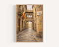Carrer del Bisbe Street Sign Print: Barcelona Gothic Quarter Travel Poster