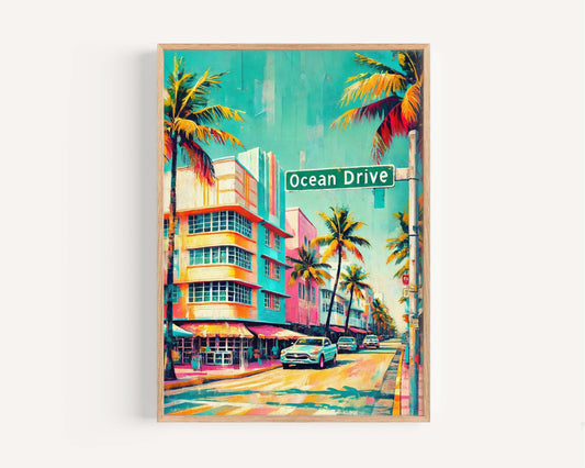 Ocean Drive Print Miami Beach Art, Florida Travel Poster Wall Art, Housewarming Gift, Coastal Decor, Ocean Drive Wall Art, Travel Print