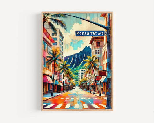 Monsarrat Ave print - Oahu Wall Art, Honolulu Travel Poster, Hawaii Housewarming Gift, Tropical Beach Decor, Travel Print