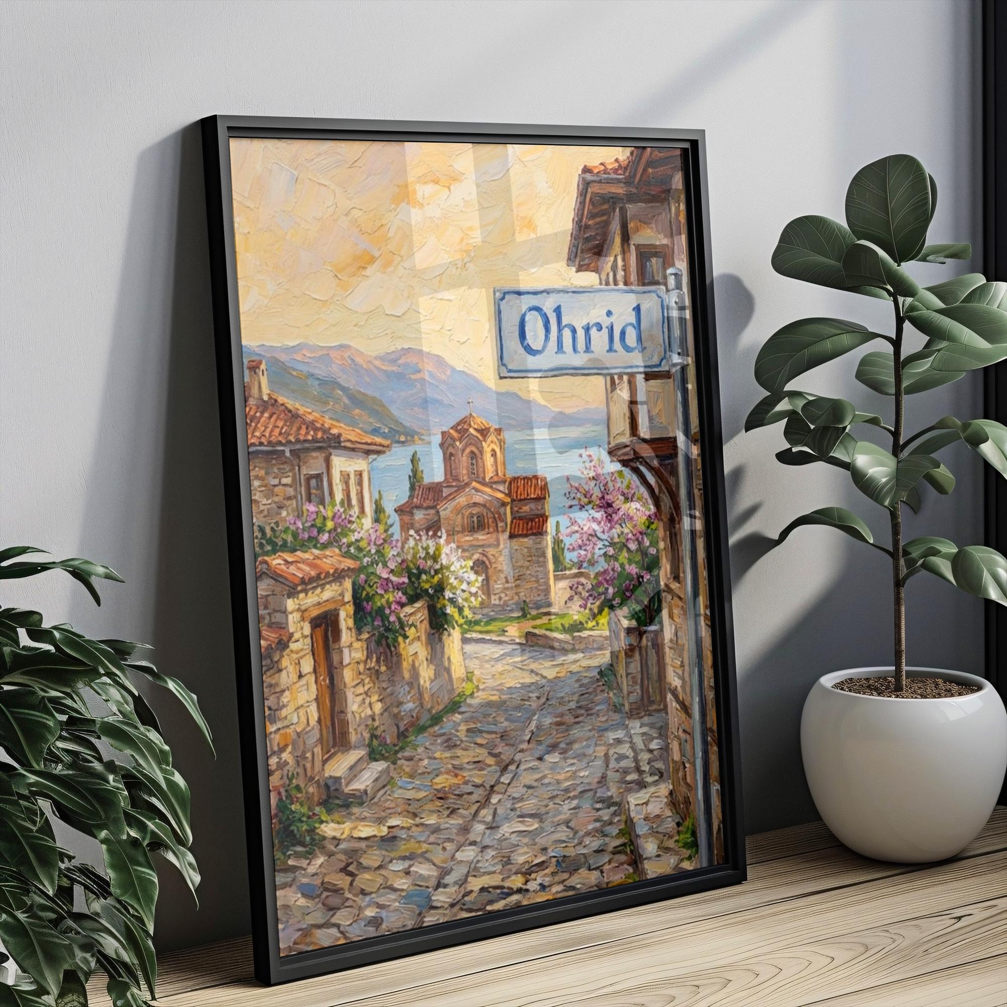 Ohrid Oil Painting Art Print: North Macedonia Lakeside Street Sign Travel Poster