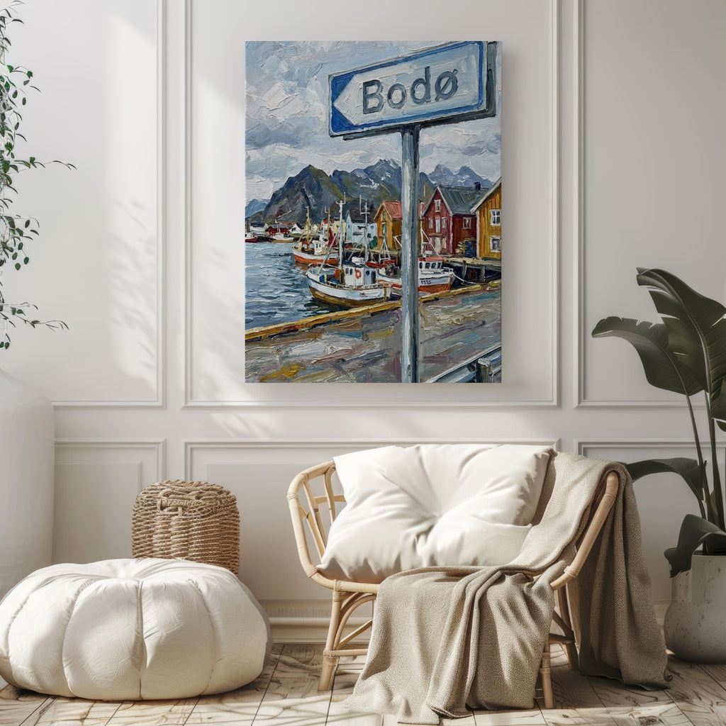 Bodø Oil Painting Art Print: Norway Arctic Street Sign Travel Poster