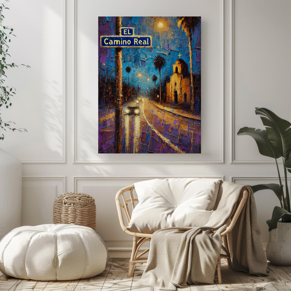 El Camino Real Oil Painting Art Print: California Historic Street Sign Travel Poster