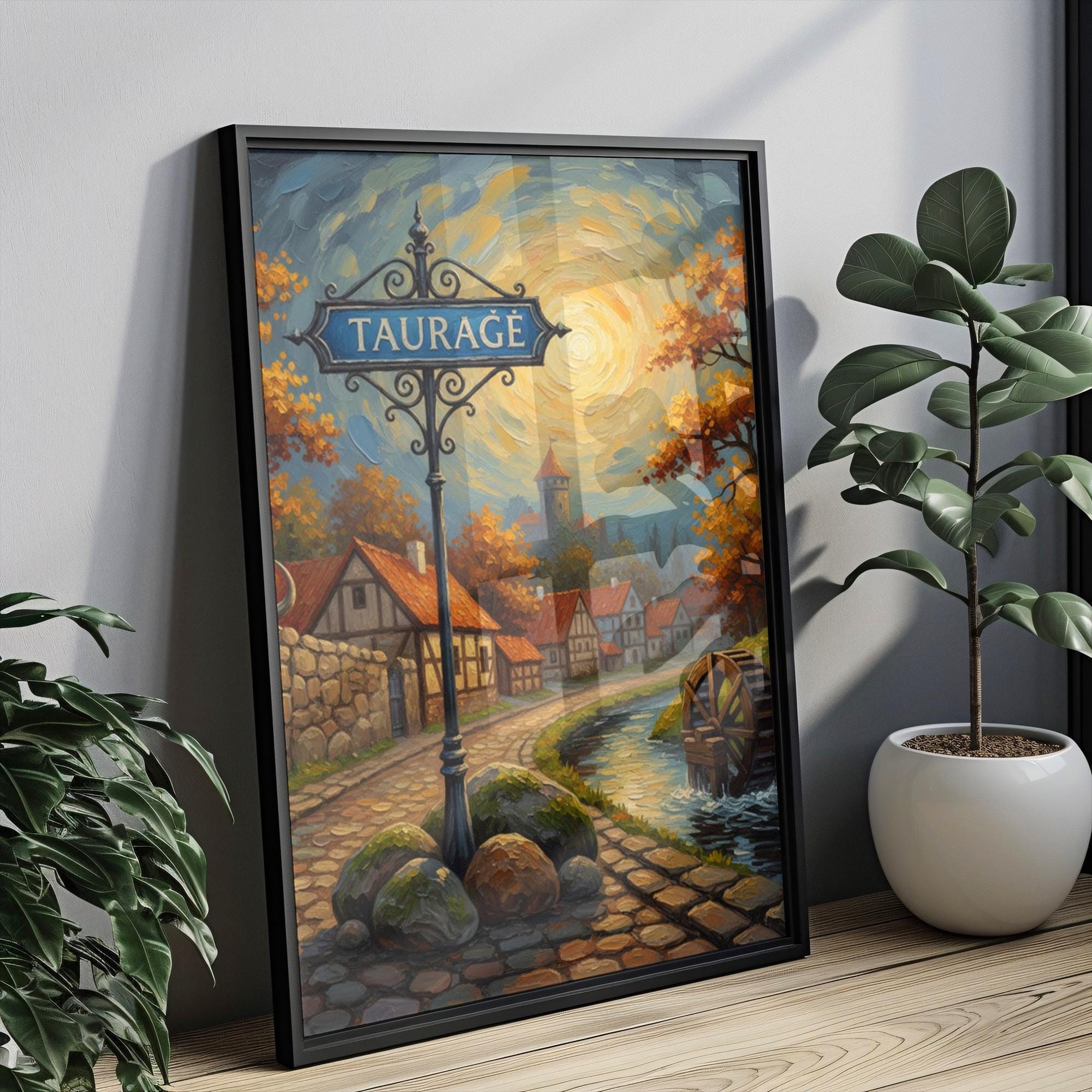 Tauragė Street Sign Art Print: Lithuania Riverside Town Travel Poster