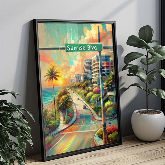 Sunrise Boulevard Wall Art Print - Fort Laudy Florida Travel Poster, Coastal Home Decor, Housewarming Gift, Beach Sunset Illustration