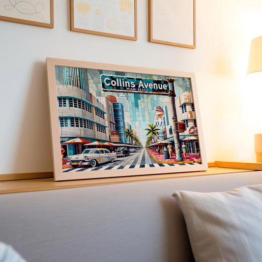 Collins Ave Wall Art - Miami Beach Cubism Print, Florida Travel Poster, Housewarming & Miami Gift, Modern Coastal Decor