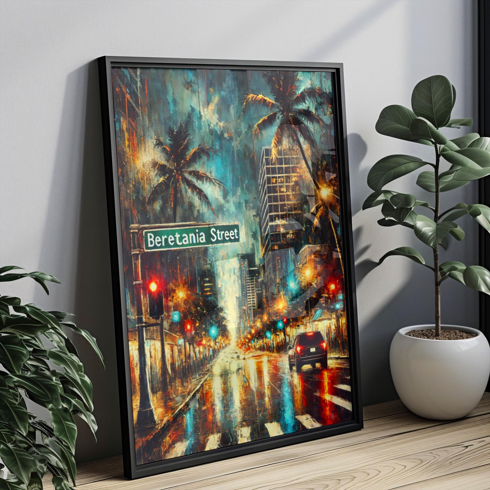 Beretania Street Oil Painting Art Print: Honolulu Hawaii Street Sign Travel Poster