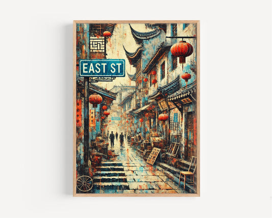 China East St Wall Art Print, Xi’an Travel Poster, Unique China Artwork, Housewarming & Gift Decor, Asian Cityscape Wall Hanging