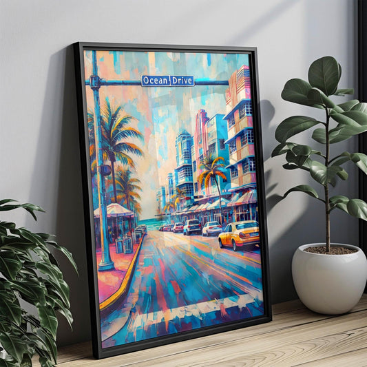 Miami Beach Ocean Dr Wall Art, Vibrant Florida Travel Poster, Coastal Decor, Beach Housewarming Gift, Florida Art Print