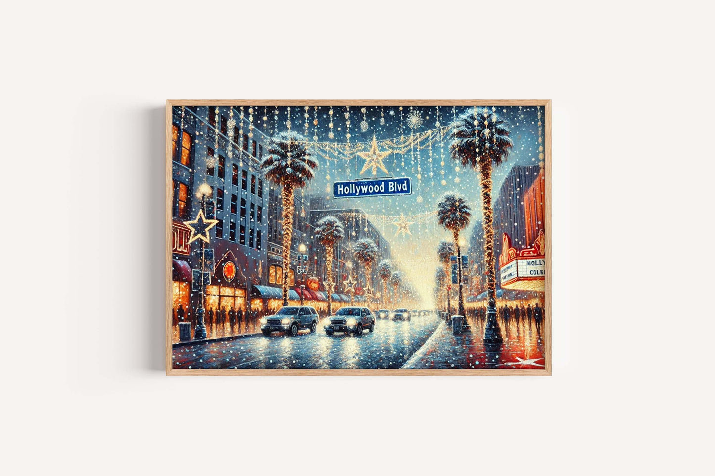 Hollywood Boulevard Christmas Art Print – LA Holiday Wall Decor, Winter Palm Street Scene