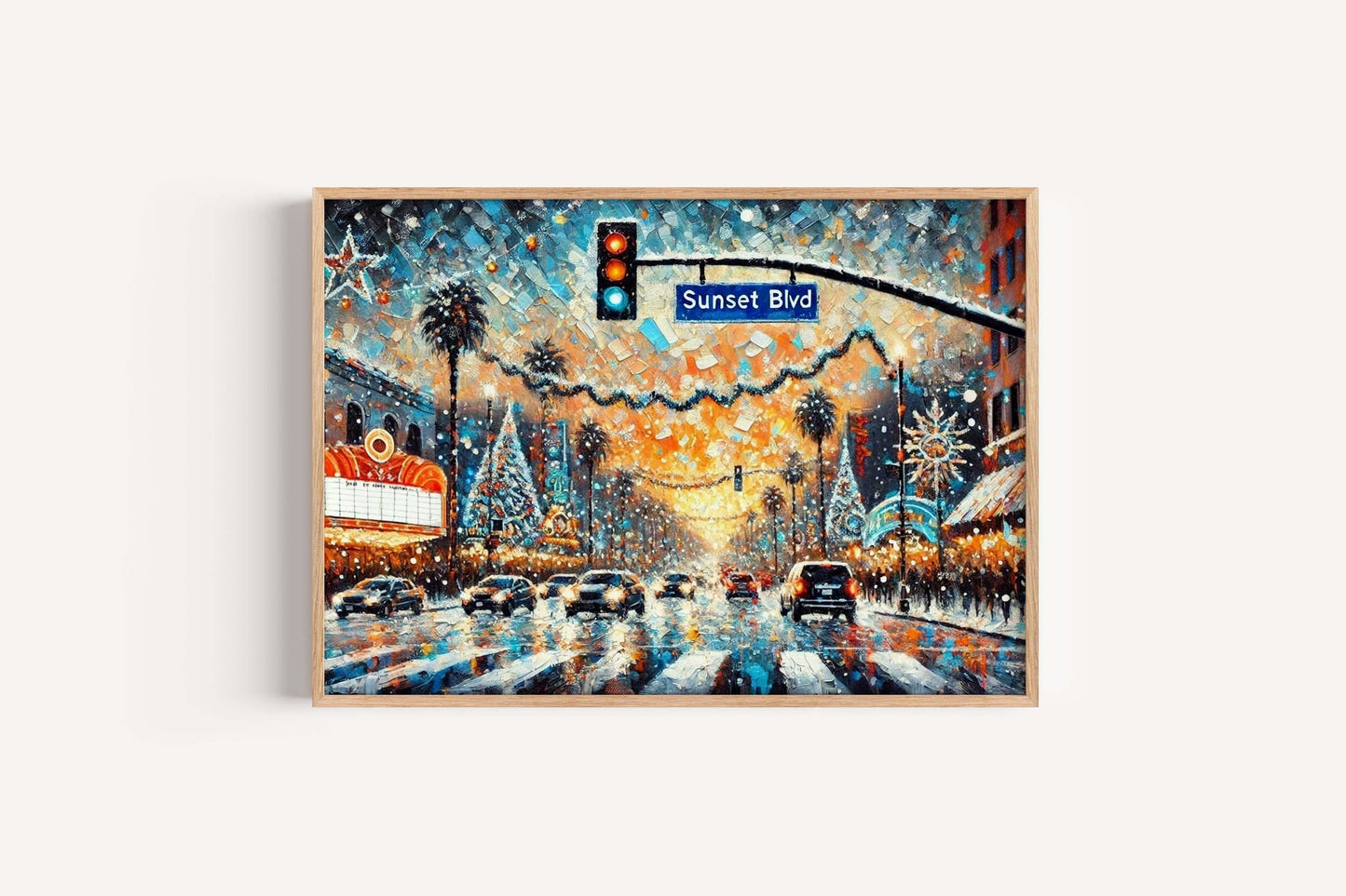 Sunset Boulevard Christmas Art Print – LA Winter Street Scene, Holiday City Decor