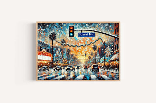 Sunset Boulevard Christmas Art Print – LA Winter Street Scene, Holiday City Decor