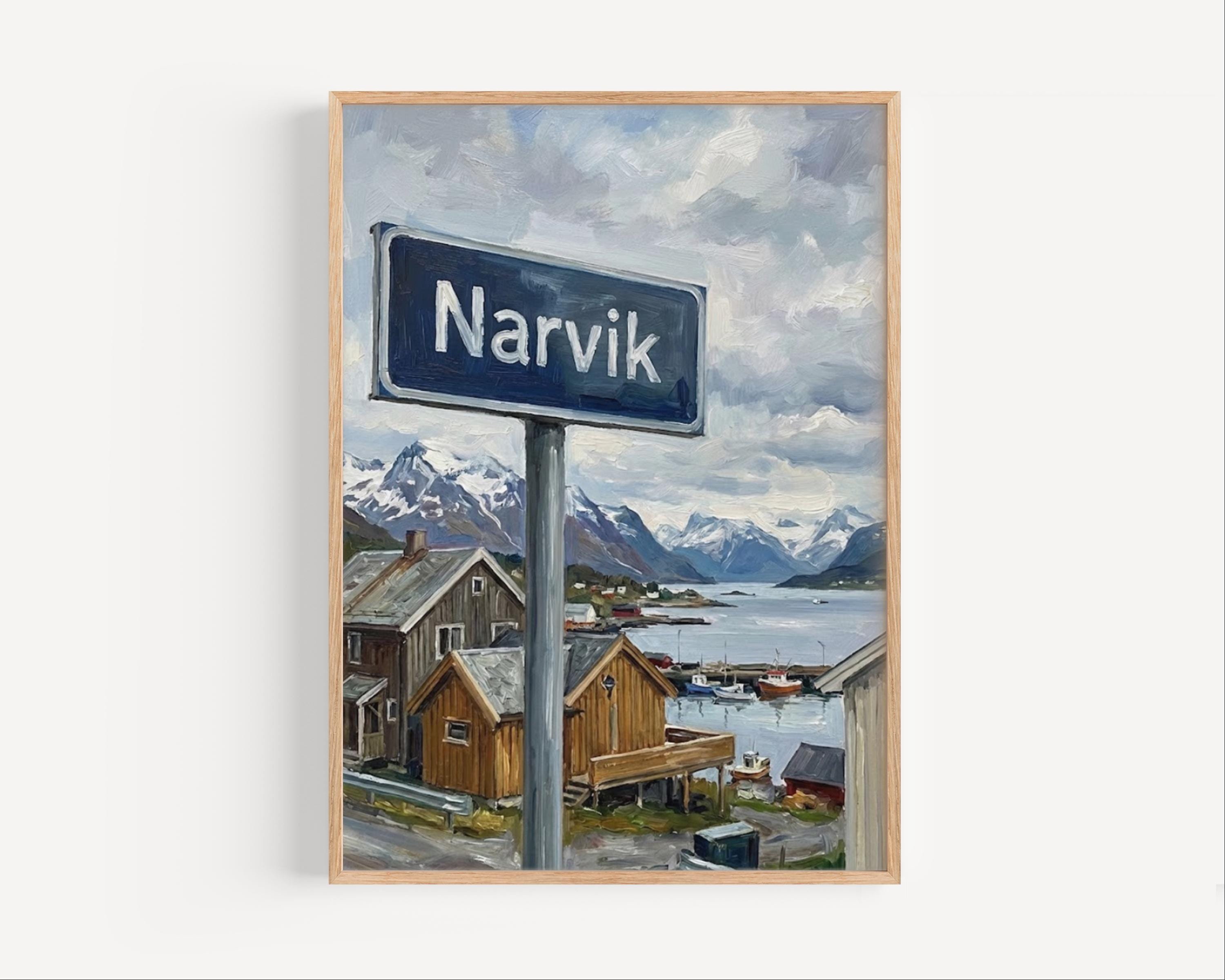 Narvik Oil Painting Art Print: Norway Arctic Fjord Street Sign Travel Poster