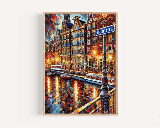 Damrak Wall Art Print – Amsterdam Travel Poster, Netherlands Gift & Housewarming Decor, Dutch Cityscape Illustration