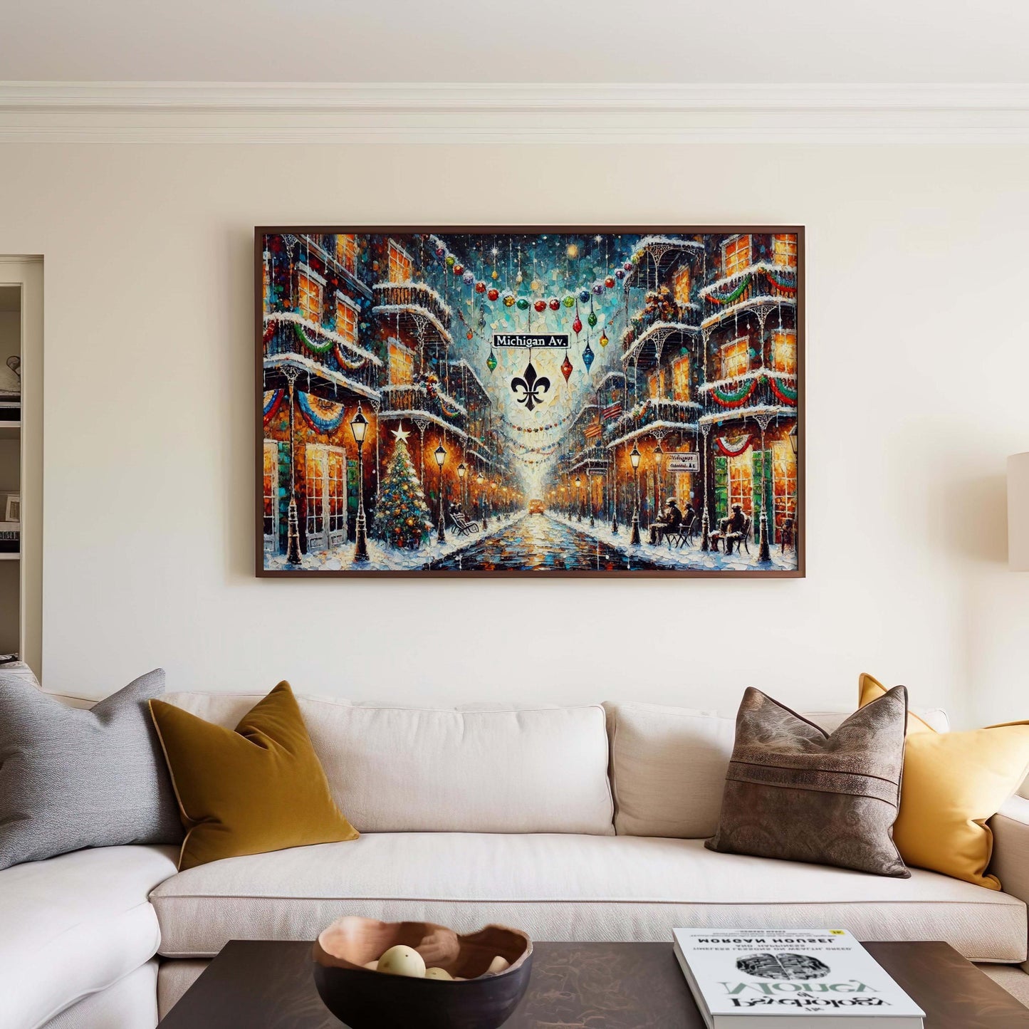 Michigan Avenue Christmas Art Print – Chicago Holiday Wall Decor, Festive City Street Scene