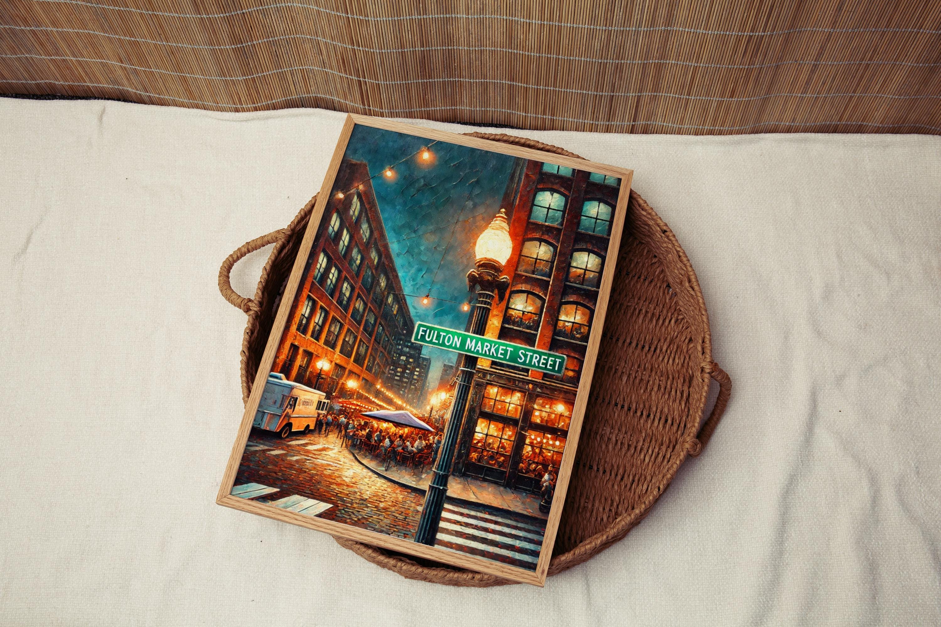 Fulton Market Street Oil Painting Art Print: Chicago Street Sign Travel Poster