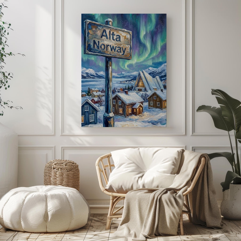 Alta Oil Painting Art Print: Norway Arctic Street Sign Travel Poster