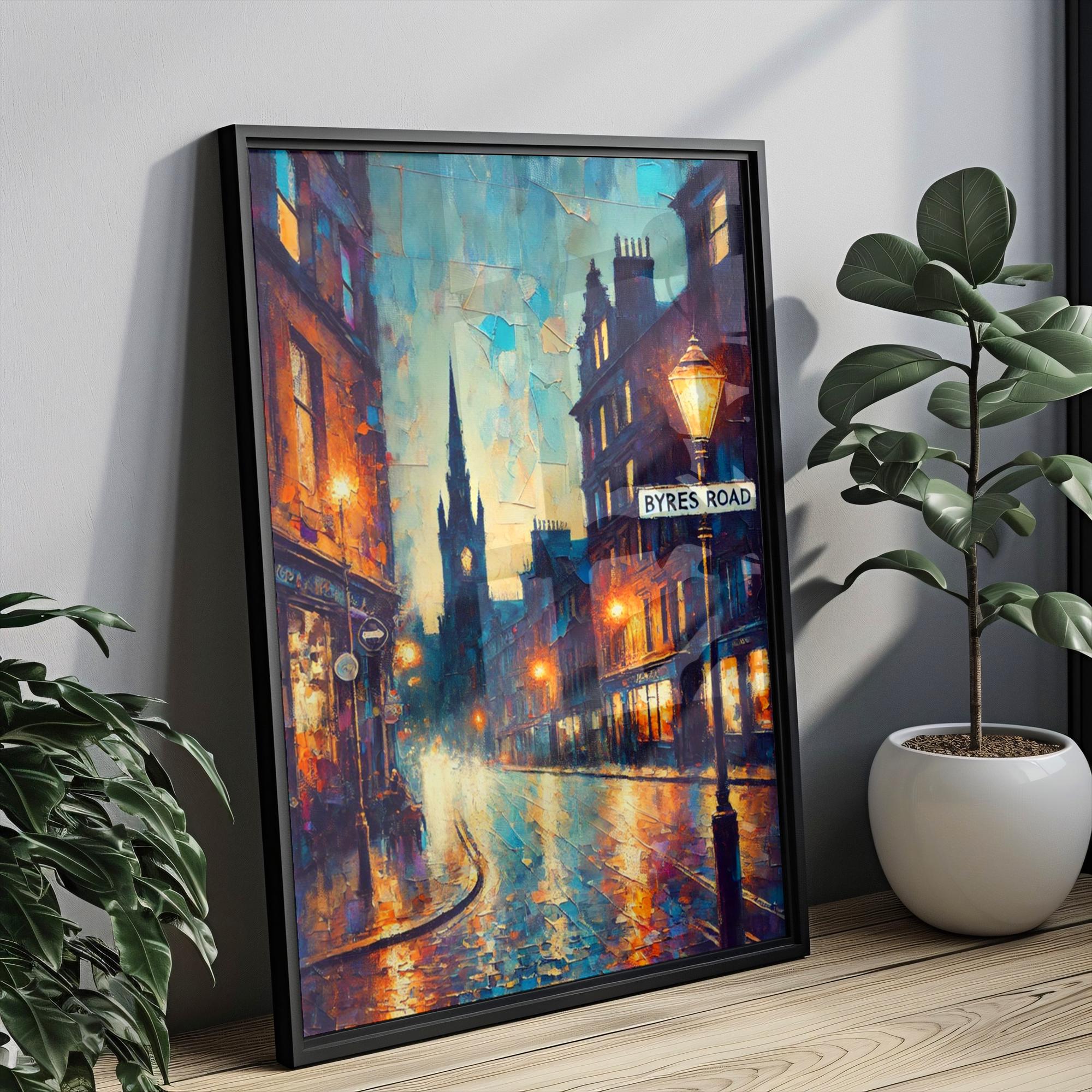 Byres Road Oil Painting Art Print: Glasgow Scotland Street Sign Travel Poster