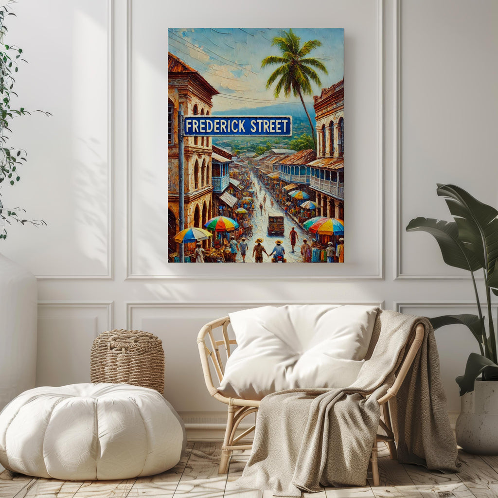 Frederick Street Oil Painting Art Print: Port of Spain Trinidad Street Sign Travel Poster