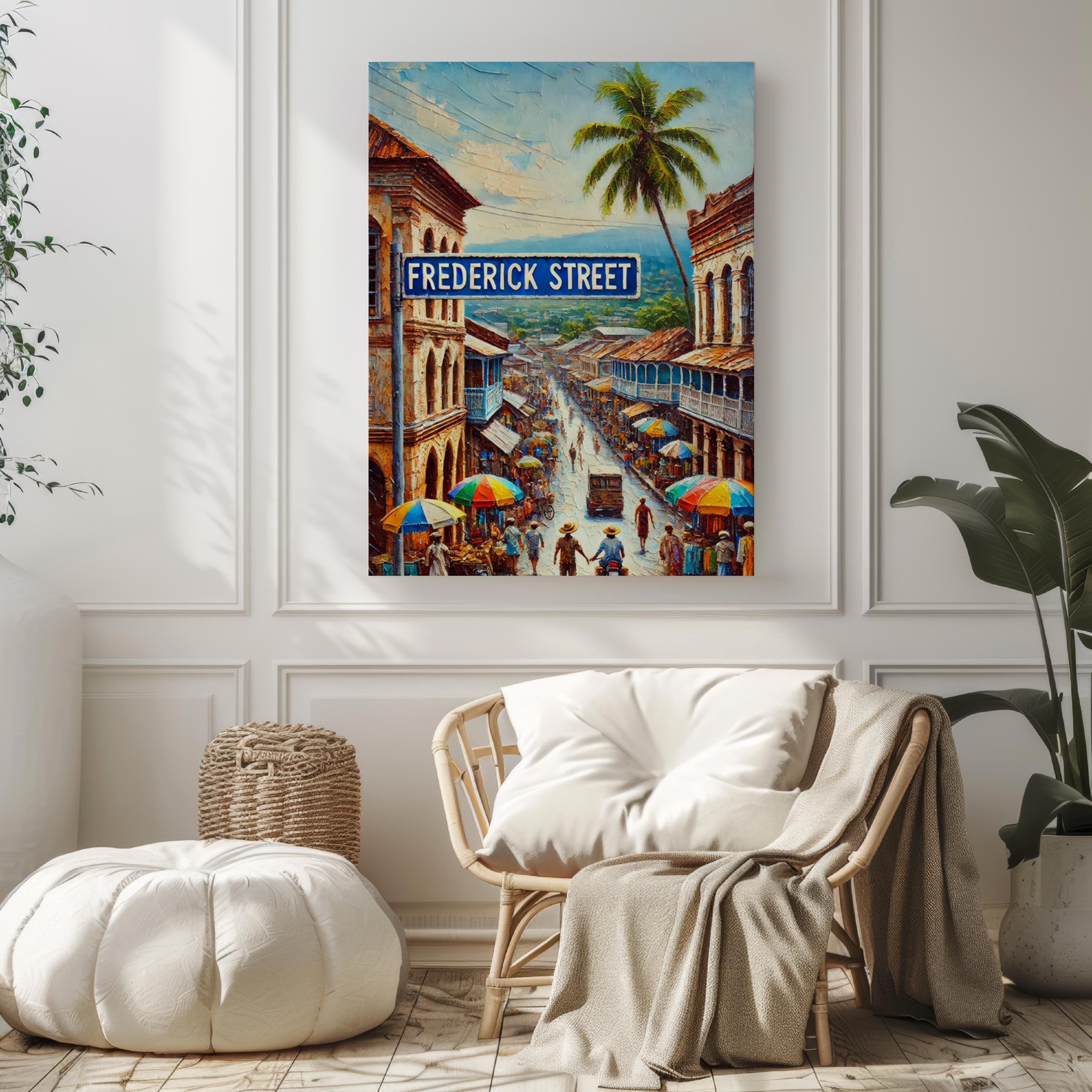 Frederick Street Oil Painting Art Print: Port of Spain Trinidad Street Sign Travel Poster